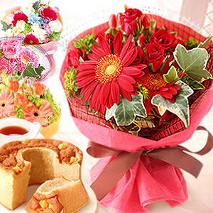 母の日のプレゼント 選べる4色♪アレンジ花束&シフォンケーキセット