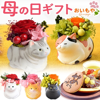 【送料無料】 敬老の日ギフト2020 縁起物・招き猫のプリザーブドフラワーとお芋どら焼きスイーツギフト